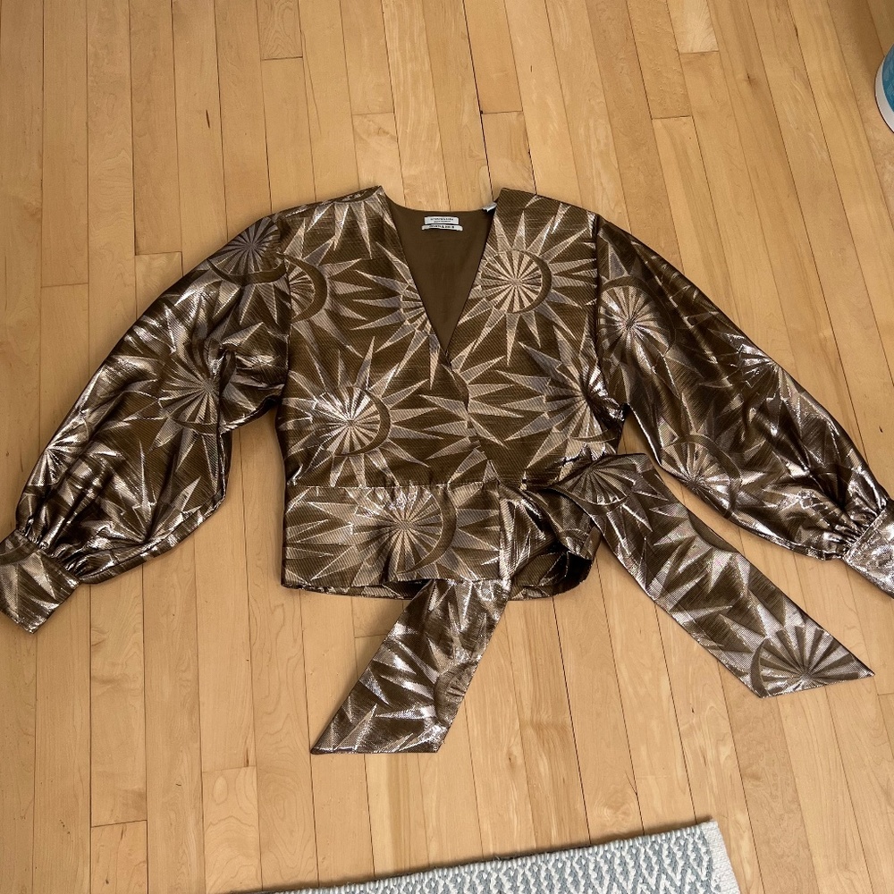 Scotch and Soda Wrap Top Gold Balloon Sleeve